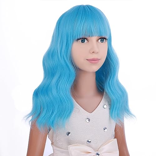 Image of PATTNIUM Blue Wig for Women Short Wavy Wig with Bangs Light Blue Wigs Heat Resistant Synthetic Hair Wigs