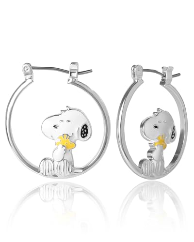 Peanuts Snoopy Earrings for Women Official License, Silver Flash-Plated Hoop Earrings with a Snoopy and Woodstock Accessory