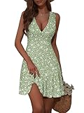 FENSACE Summer Dresses for Women Empire Waist Faux Wrap V Neck Wedding Guest Flattering Dress to Hide Tummy(Green White Floral-63,Large)