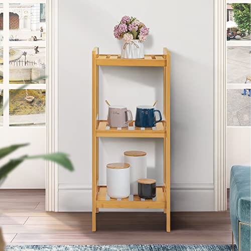 Monibloom Bamboo Bookcase 3 Tier Small Corner Standing Storage Bookshelf Kids Open Shelf Organizer Display Rack Table For Bathroom Bedroom Office, Natural #TOP6
