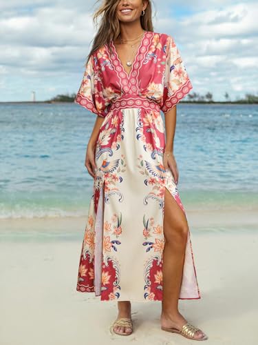 Image of CUPSHE Womens Tropical Floral Maxi Dress V Neck Short Sleeve Smocked Side Slit Dress Summer Vacation Beach Pocket Long Dress