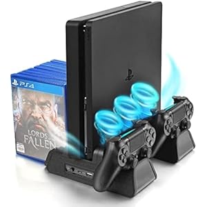 Vertical Stand for PS4/PS4 Slim/PS4 Pro – Cooling Fan with PS4 Charger Controller Charging Station with Game Storage (Black)