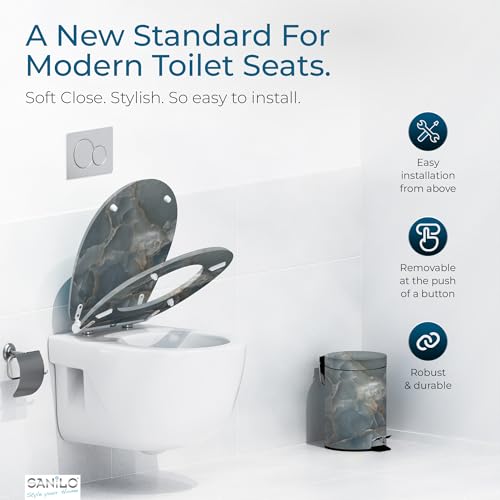 Image of Sanilo Wooden Toilet Seat with Quick Release & Soft Close [ROUND] - Decorative & Slow Close Molded Wood Seat - With One Click for Easy Installation & Cleaning - With Adjustable Fit (Marble Italia)