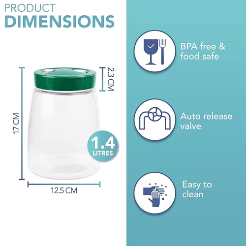 HEFTMAN Gärglas mit Entlüftungsventil mit 1-Wege-Entlüftung - 1.4L 2er-Pack Lebensmittelecht Fermentierglas für Kefir, Kimchi, Sauerkraut, Sauerteigstarter, Overnight Oats - 2 Stück (Grün)