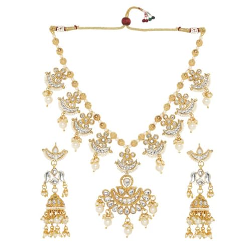Rubans Handcrafted 22K Gold-Plated Artificial Multisize Kundan-Small/Big Stones and Pearl Beaded Traditional Necklace Set with Earrings for Women and Girls – Perfect for Weddings and Gifting. Deal