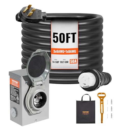 VEVOR 50 Amp Generator Cord and Power Inlet Box Kit 50FT Generator Extension Cord NEMA 14-50P/SS2-50R STW 6/3+8/1 AWG with Twist Lock Connector Pre-Drilled Inlet Box ETL Listed