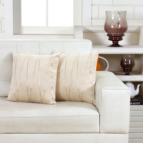Image of Amazon Brand - Umi Gold Leather Striped Pack of 2 Throw Pillow Covers Velvet Decorative Cushion Covers Cases for Sofa Bedroom Livingroom Car 20 x 20 in Beige Color