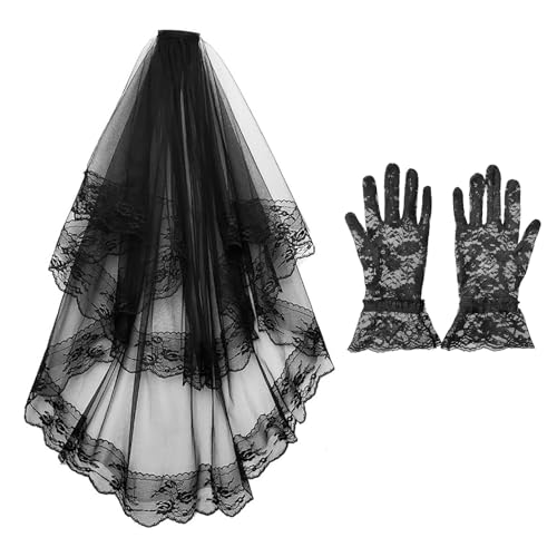 Image of Black Veil Brides 2 Piece Set - Gothic Bridal Veil, Lace Gloves, Headdress - Suitable For Holidays & Photos