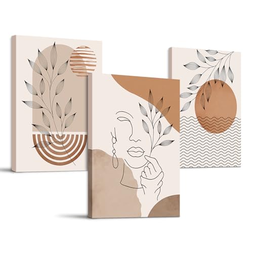 SERIMINO Boho Framed Wall Art Set of 3, Minimalist Wall Decor Living Room, Geometric Line Leaf Sun Moon Canvas Artwork Paintings for Bathroom, Home Decor Print, 12"x16"