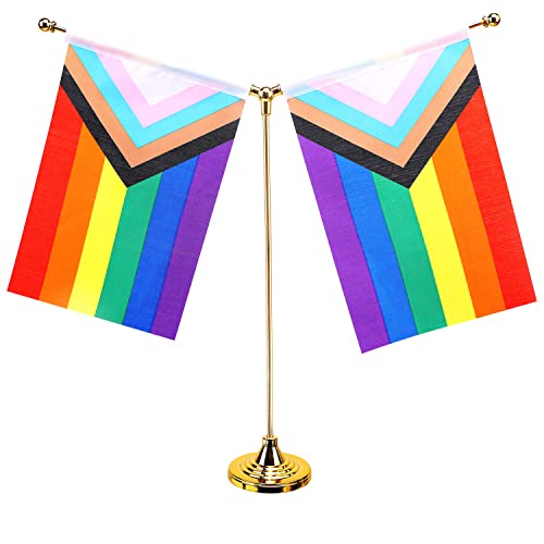 Fwiw Pride Rainbow Flag Pride Progress Rainbow Desk Flag Small Mini Gay Lgbt Office Table Flags With Stand Base Golden Metal Stick Deluxe Set,Rainbow Mardi Gras Themed Party Decorations #TOP14