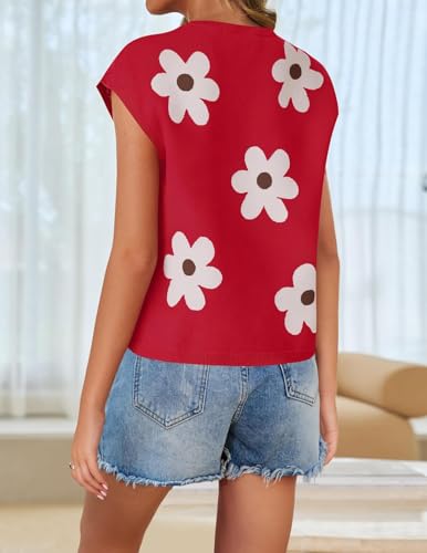 Image of ZESICA Women's Summer Trendy Knit Top 2026 Floral Print Short Sleeve Crewneck Loose Fit Sweater Vest Going Out Clothes