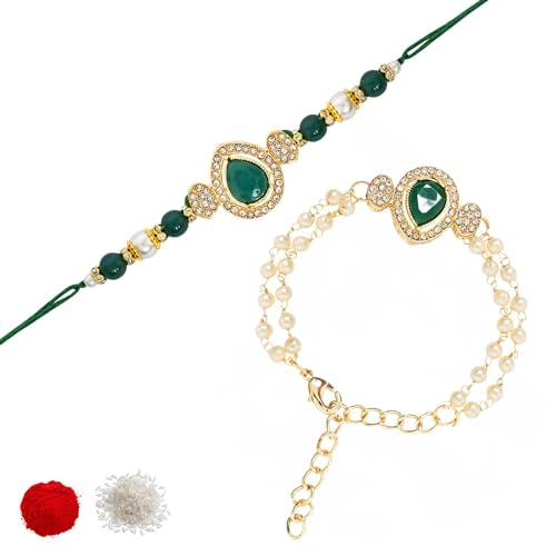 Image of I Jewels Designer Kundan Pearl Bhaiya Rakhi With Roli Chawal for Brother /Bro /Men with Rakshabandhan Card