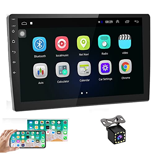 UNITOPSCI 10.1 Inch Android Car Stereo Double Din Touch Screen Car Radio Audio with GPS Bluetooth WiFi FM Radio Receiver 2 Rear USB Support Mirror Link Steering Wheel Control + 12LEDs Backup Camera