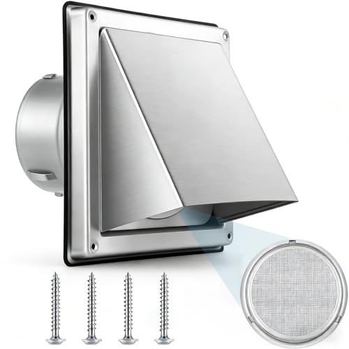 4-Inch External Extractor Wall Vent Cushioned Non Return Flap, Brushed 304 SS Wall Mount Exhaust Hood with Mesh Screen, Built-in Filter