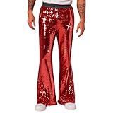 Zkydhbd Pantalones de moda retro modernos con lentejuelas acampanados, ropa de calle para disfraces de baile, pantalones largos de poliéster para festivales, rosso, L