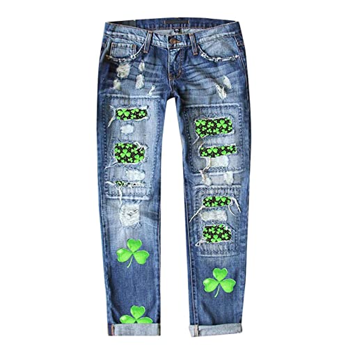 St Patricks Day Ripped Jeans Womens Irish Shamrocks Printed Festive Denim Pants Straight Leg Cuffed Democracy Jeans