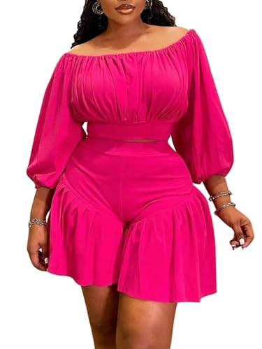 AWASIR Plus Size Women 2 Piece Outfits Sets Sexy Tracksuit Puff Long Sleeve Shirt Top and Short Pant Set Hot Pink 3XL