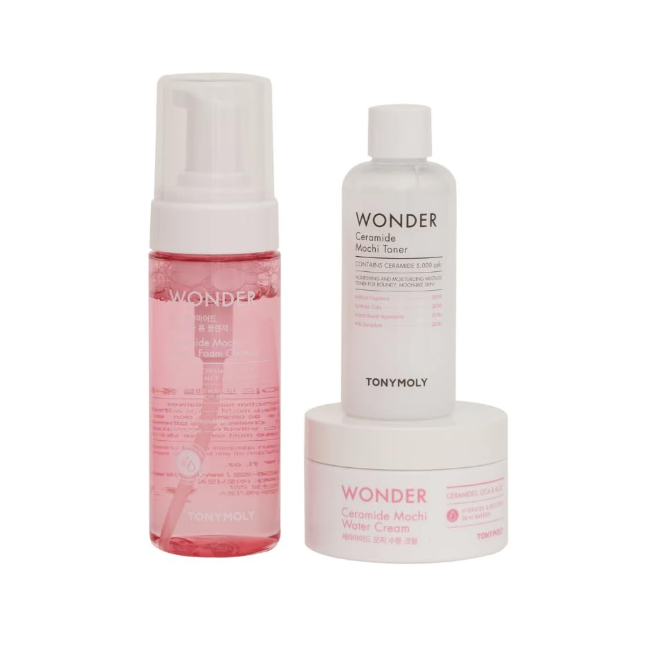 Image of TONYMOLY Wonder Ceramide Mochi K-Beauty Skincare Set, 3-Piece Bundle with Bubble Cleanser, Milky Toner and Ceramide Moisturizer