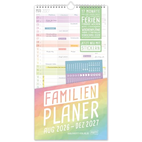 Häfft Familienplaner 2026/2027 5 Spalten mit Sticker Rainbow Wandkalender für 17 Monate: Aug 26 bis Dez 27 - Jahreskalender für Familien