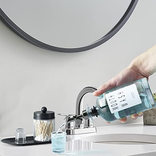 Altfun ガラスマウスウォッシュディスペンサー バスルーム用 カップ付き スタイルマウスウォッシュ容器ボトル Qtip ホルダー付き ガラスボトル 11オンス 詰め替え可能 マウスウォッシュディスペンサー トレイ漏斗付き ブラック