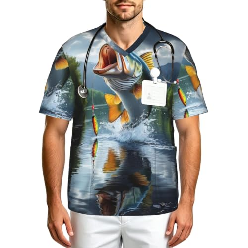 Men's V-Neck Scrub Top Medical Shirt-Largemouth Bass Jumping Out of