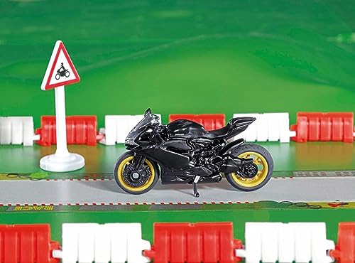 Siku 1601, Ducati Panigale 1299 Motorrad mit Tape und Verkehrsschild, Schwarz, Metall/Kunststoff, Bereifung aus Gummi