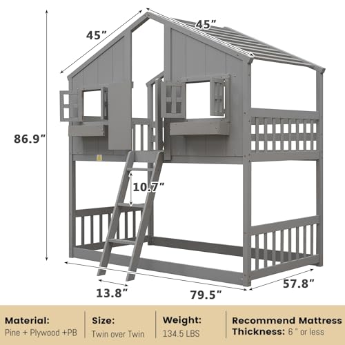 MERITLINE Twin Over Twin House Bunk Bed, Wood Floor Bunk Bed Frame with Roof, Window, Window Box & Door, Twin Bunk Bed for Kids Boys Girls Teens (Grey)