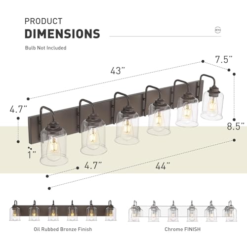 Image of zeyu 44 Inch Farmhouse Bathroom Vanity Lights, 6-Light Bathroom Light Fixtures with Clear Glass Shade, Oil Rubbed Bronze Finish, ZSL72B-6W ORB