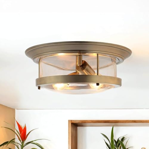 Licht-Erlebnisse Badezimmerlampe Decke Ø 35 cm rund H: 14,5 cm IP44 in Messing antik für 2x E27 Deckenleuchte Bad Deckenlampe Badezimmer