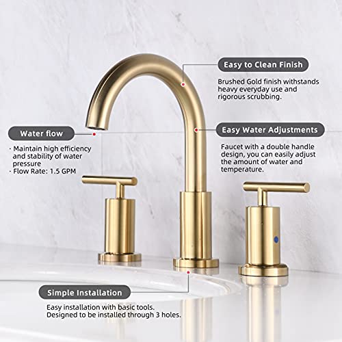 Newater Brushed Gold Brass Bathroom Sink Faucet 2-Handle Widespread 8-Inch 3 Hole Bath Vanity Faucet With Metal Pop-Up Drain Drain & Supply Lines #TOP1