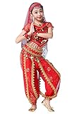 ORIDOOR India Bollywood Costume Belly Dancing Suit for Kids Chiffon Harem Pants Halloween Performence 5-Piece Outfit Large Red