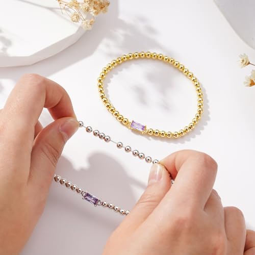 Yoosteel Dainty Birthstone Bracelet for Women Kids Teen Girls - 14K-Gold-Plated Beaded Stretch Bracelets Trendy Friendship Birthday Jewelry Gift for Teenage Girl Women - Image 6