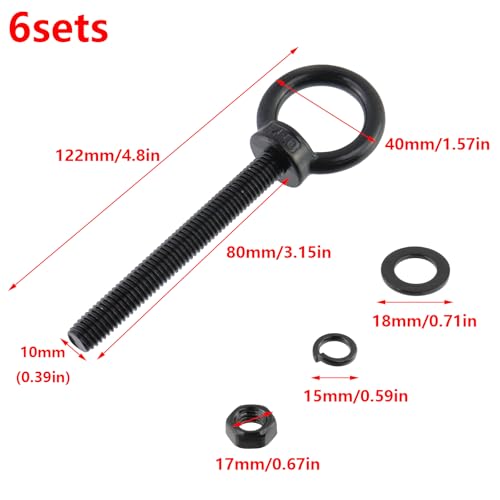 Image of Antrader Lifting Shoulder Eye Bolts,M10 x 80mm,Stainless Steel,Black,6 Set | Machinery Shoulder Lifting Eye Bolt with Lock Nuts,Lock Washers,Flat Washers