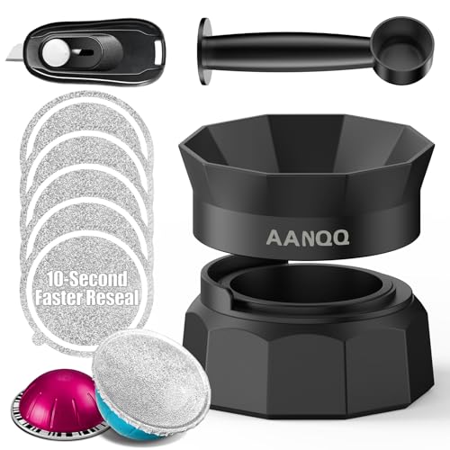 Reusable Vertuo Pods Kit: 10-Second Fast Sealing Reusable Nespresso Vertuo Pods - Refillable Coffee Pods with Smarter Tools & 50 Aluminum Foil Seals,Spoon, and Lid Opener (Pods not included)