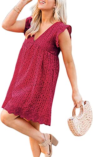 Image of Women's Summer Dress with Built in Shorts Sexy Summer V Neck Ruffle Sleeve Lace California Romper Dresses for Women