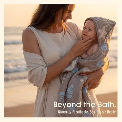 Image of Ultra-Soft Muslin Baby Hooded Towel - 32 x 32 Inches, Ideal for Bath & Beach, Suitable for Both Boys & Girls from Newborns to Toddlers(Ocean Coffee