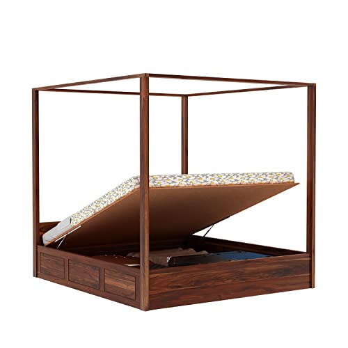 Image of Solid Sheesham Wood Queen Size Poster Bed Hydraulic Storage for Bed Room Living Room Home Wooden Double Bed Palang Solid Wood Bedroom Furniture for Hotel (Honey Finish)