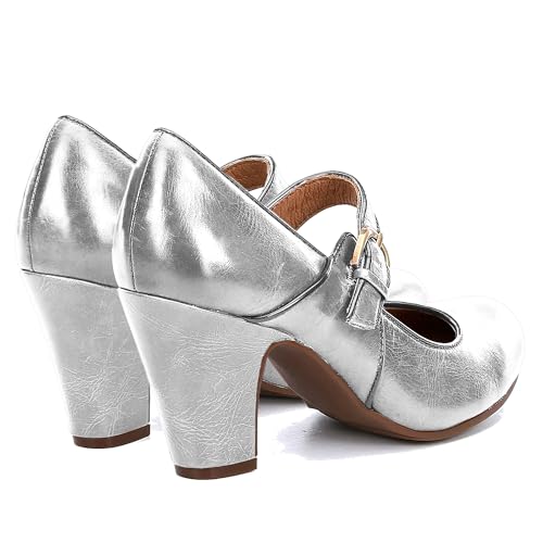 Image of SHODENSE Women Vintage Chunky High Heel Mary Jane Shoes Round Closed Toe Ankle Strap Dress Sandals 3 inch Block Heels Mary Jane Lolita Pumps Two-Toned Patchwork Buckle Office Lady Wedding Retro 4-11 M US