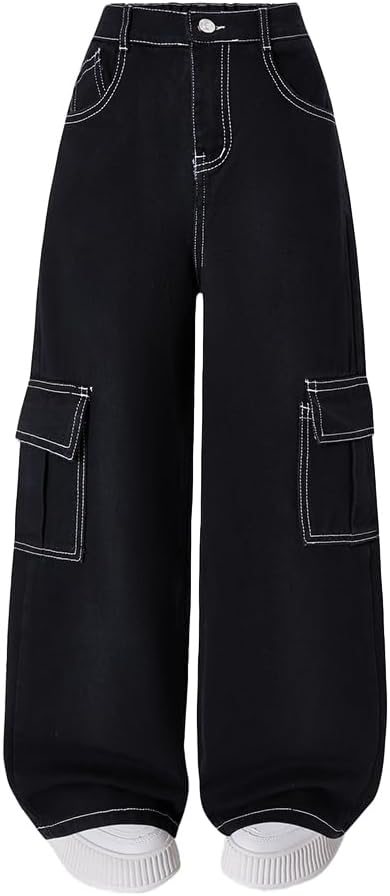 Nivne Tco Tween Girl Cargo Jeans Black Casual Zipper Fly Washed Baggy Wide Leg Denim Pants with Side Pockets