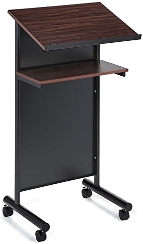 Wheeled Lectern with Storage Shelf - Cherry/Black - Compact Standing Desk for Reading - Laptop Stand