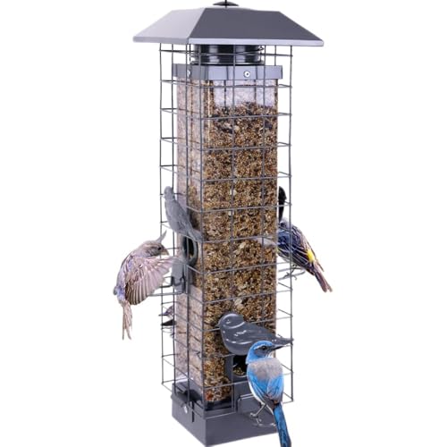 Squirrel Proof Bird Feeders for Outdoors, Metal Wild Bird Feeder for Outside Hanging, 4 Ports Perches, 3LB Large Capacity(Gray)