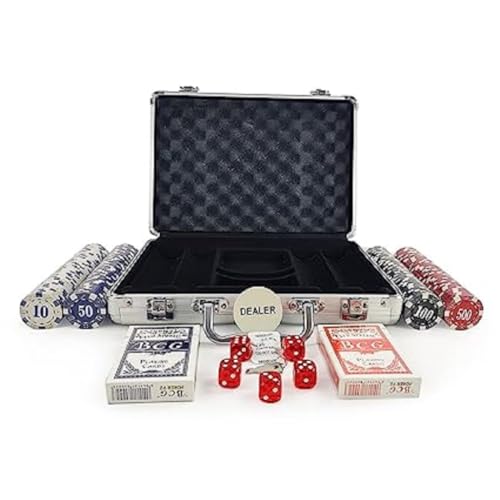 Image of GrandGlow Casino Style 200 Chips /Pcs Poker Chips Set with A Aluminum Finish Case, 2 Decks of Cards, 5 Dice, 1 Dealer Button (Classic Multiplayer Game)