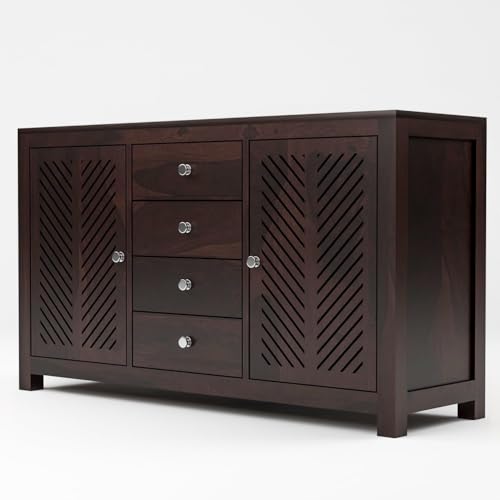 Image of Solid Sheesham Wood Wooden Sideboard Storage Cabinet : Ideal for Living Room and Bedroom with 4 Drawers and 4-Shelf Storage (Ferna, Walnut Finish)