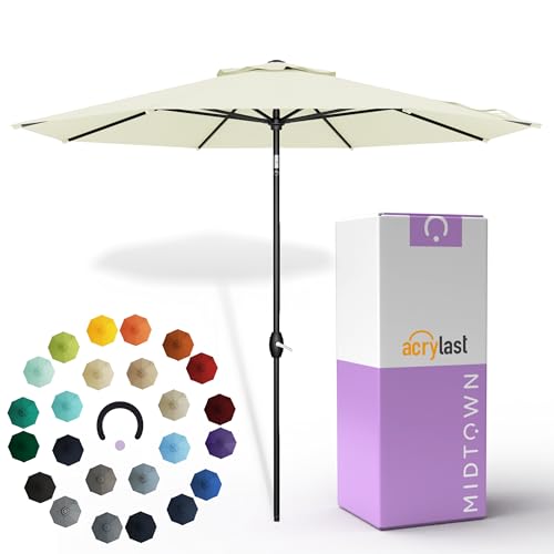 Image of Midtown Umbrellas - The Lean 8 Ft Patio Umbrella with 10-Year-No-Fade Acrylast Acrylic Fabric, Auto-Tilt and 8 Reinforced Ribs for Deck, Pool, Garden, Hotel & Cafes - Canvas Cream Canopy, Black Pole