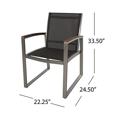 Aubrey Patio Dining Chairs - Aluminum - Outdoor Mesh Seats - Faux Wood Arms - Set Of 2 - Silver With Gray And Natural Finish #TOP1