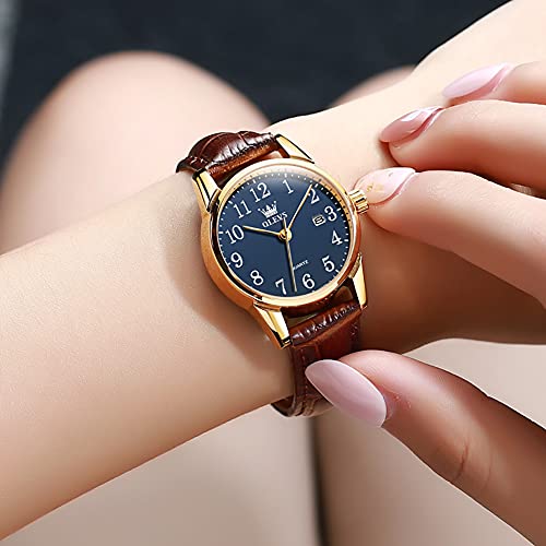 Image of OLEVS Women's Business Dress Watches for Ladies Female Brown Leather Strap Small Face Dress Analog Quartz Wrist Watch with Calendar Day Date Waterproof Luminous Gift Classic Casual Retro Band