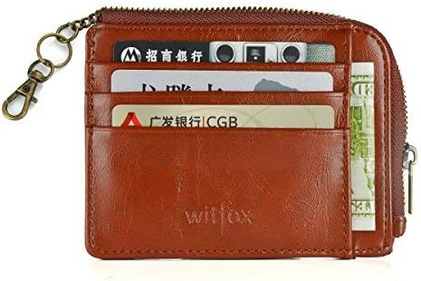 Womens RFID Leather Zipper Small Card Case Slim Wallet With Key Chain ID Window (Brown)