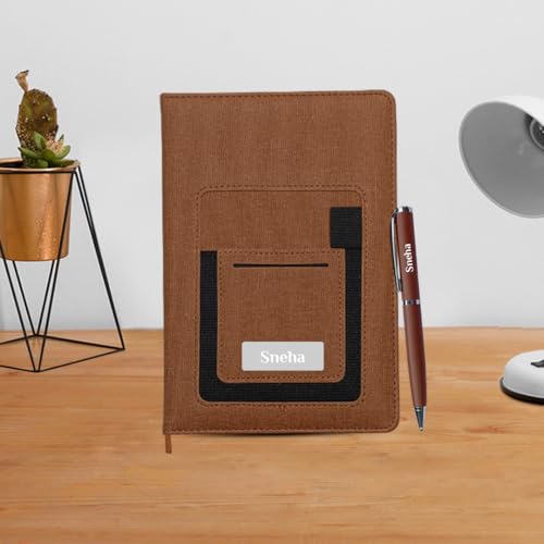 Image of Giftana Personalized Notebook Diary with Pen Gift Set for Men and Women, 2 in 1 Customized Office Diaries A5 Size Notebook, Diwali Gifts, Personalised New Year Corporate Gifts for Employees (Brown 1)