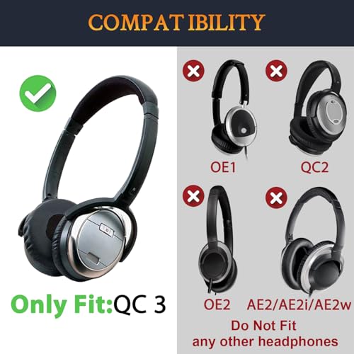Image of SOULWIT Earpads Cushions + Headband Pad, Replacement Kit for Bose QuietComfort 3 (QC3) Headphones (Do Not Fit OE1) - Black