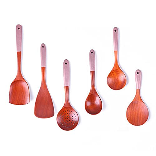 Ausemo Stylish 6 Piece Wooden Kitchen Utensil Set with Rosewood Pink Handles - Ideal for Cooking Non-Stick Heat Resistant Cookware